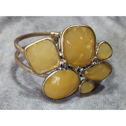 Chunky Retro Yellow Gemmed Gold-Tone Cuff Bracelet With Rhinestone Accents