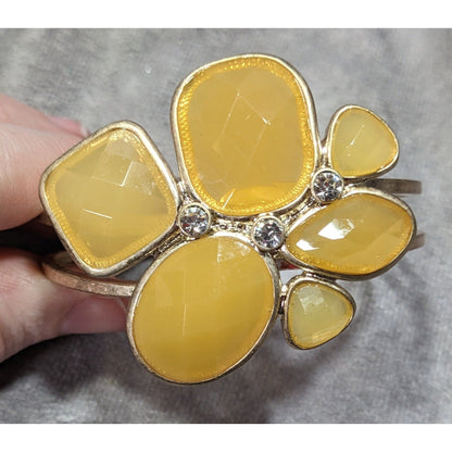 Chunky Retro Yellow Gemmed Gold-Tone Cuff Bracelet With Rhinestone Accents