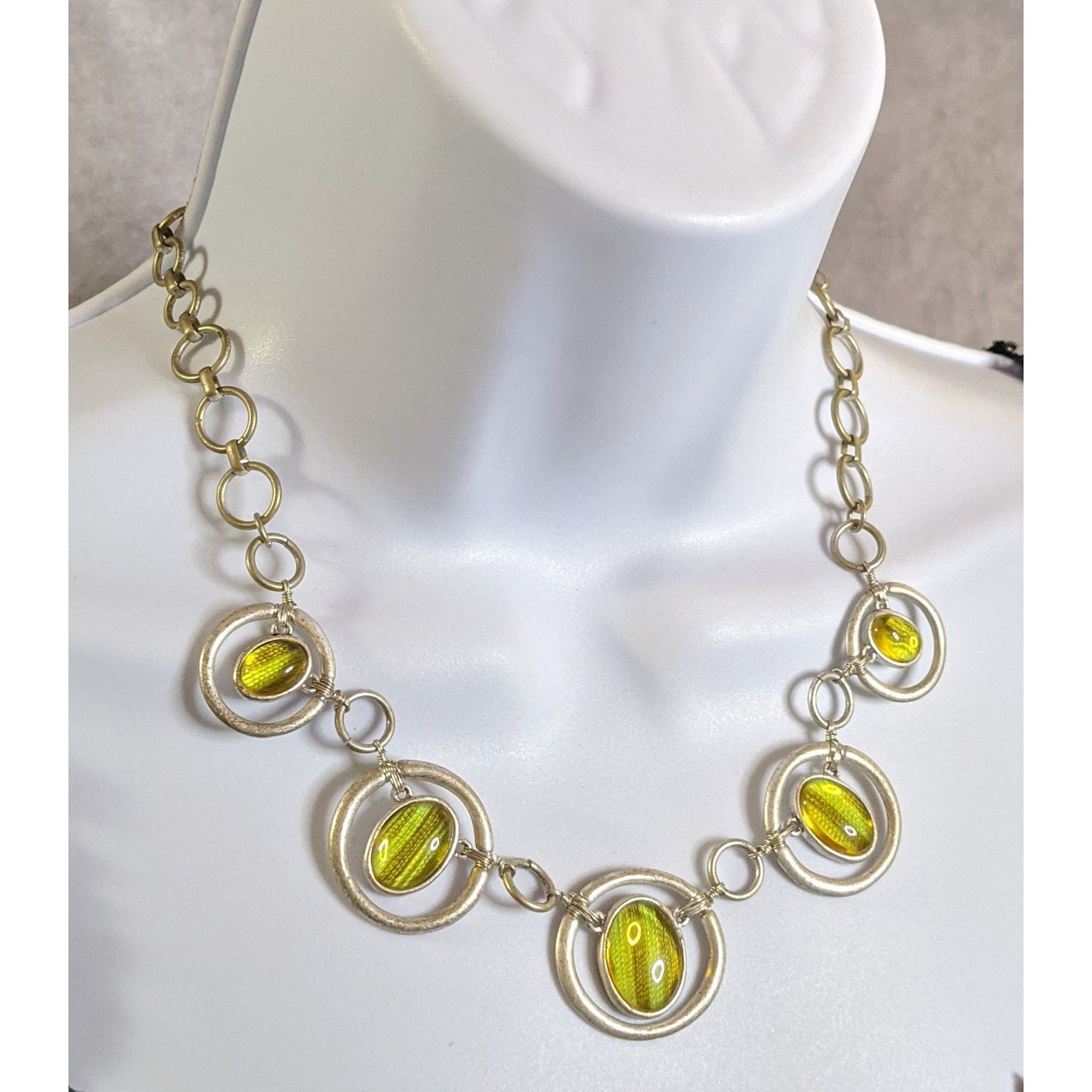Vintage Liz Claiborne Whimsical Silver Tone Necklace With Lime Green Thread Under Glass Accents