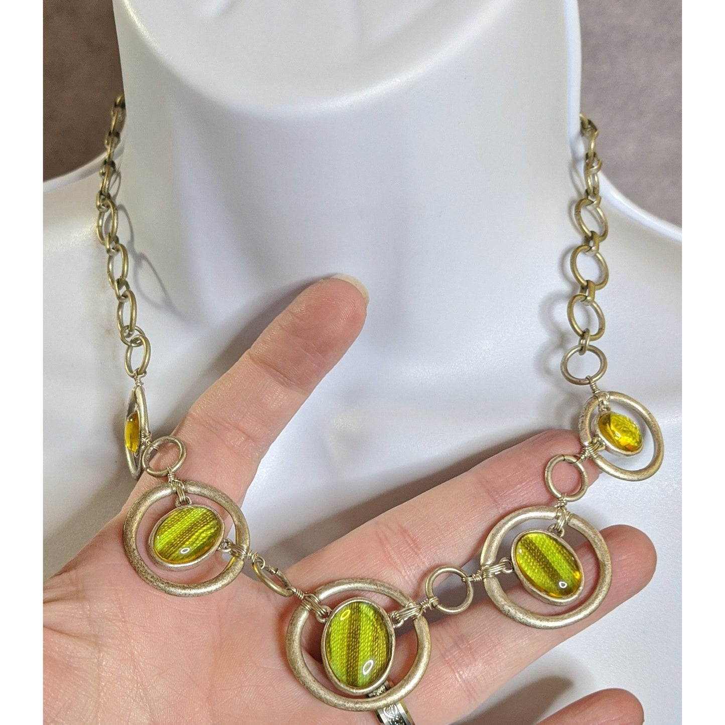 Vintage Liz Claiborne Whimsical Silver Tone Necklace With Lime Green Thread Under Glass Accents