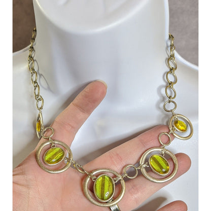 Vintage Liz Claiborne Whimsical Silver Tone Necklace With Lime Green Thread Under Glass Accents