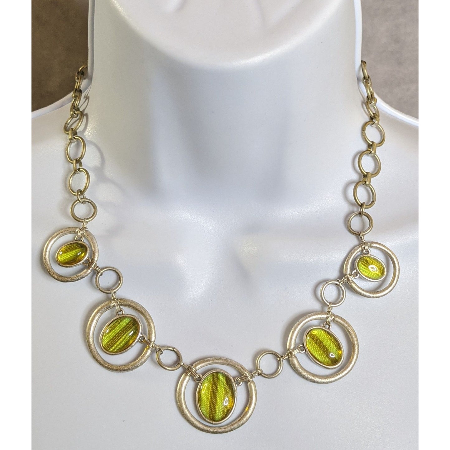 Vintage Liz Claiborne Whimsical Silver Tone Necklace With Lime Green Thread Under Glass Accents