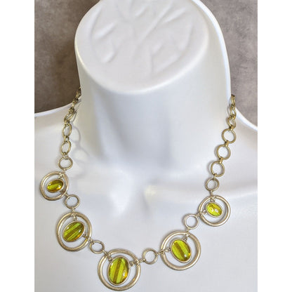 Vintage Liz Claiborne Whimsical Silver Tone Necklace With Lime Green Thread Under Glass Accents