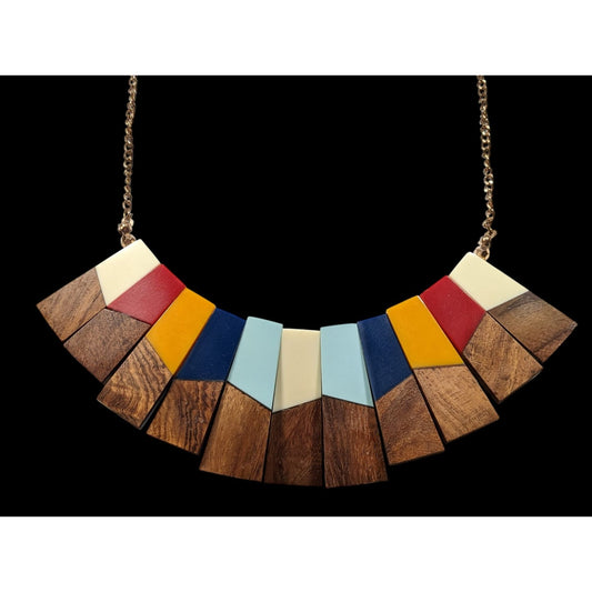 Vintage Rand Freres Wood And Rainbow Acrylic Bib Necklace