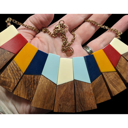 Vintage Rand Freres Wood And Rainbow Acrylic Bib Necklace