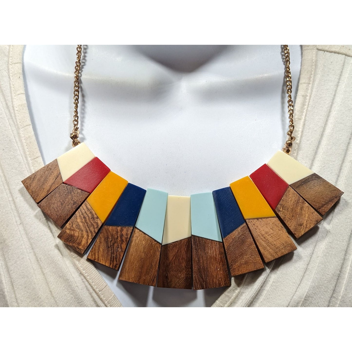 Vintage Rand Freres Wood And Rainbow Acrylic Bib Necklace