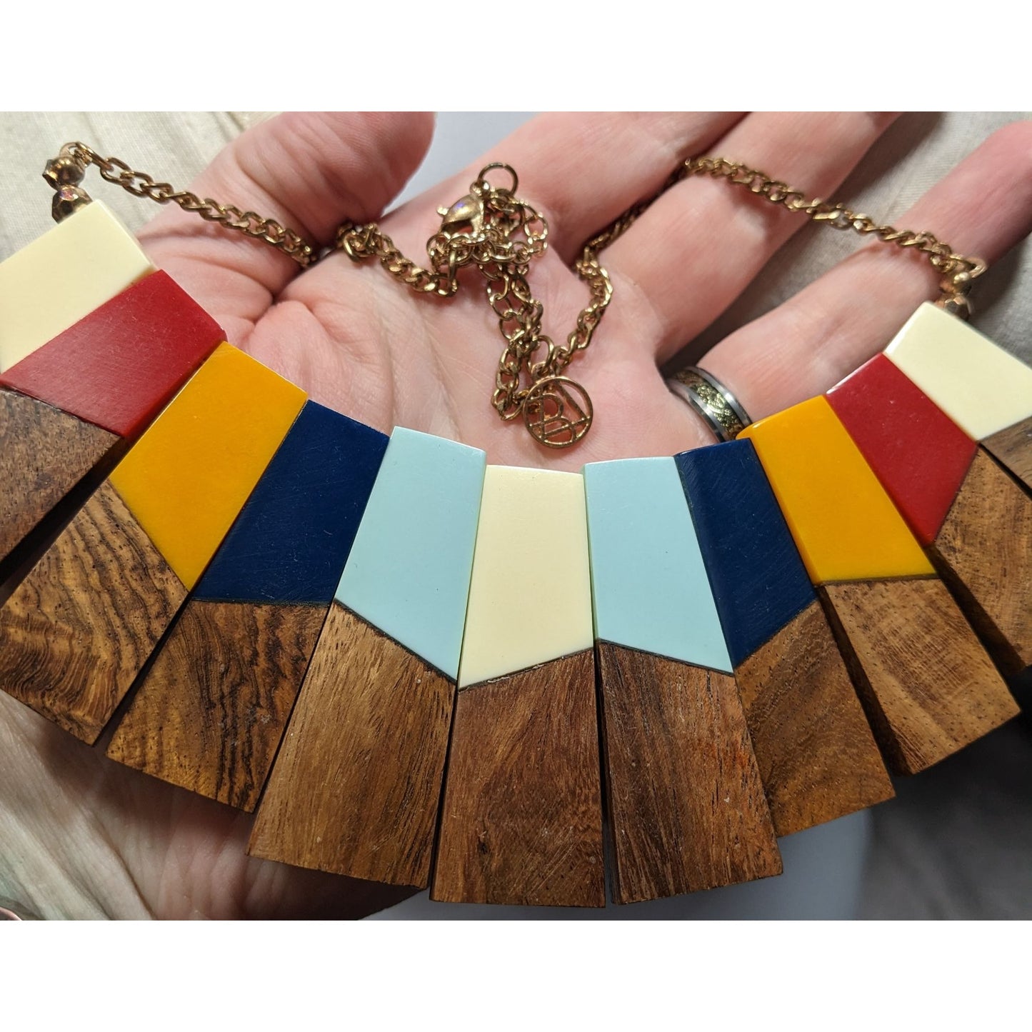 Vintage Rand Freres Wood And Rainbow Acrylic Bib Necklace