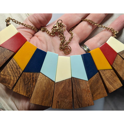 Vintage Rand Freres Wood And Rainbow Acrylic Bib Necklace
