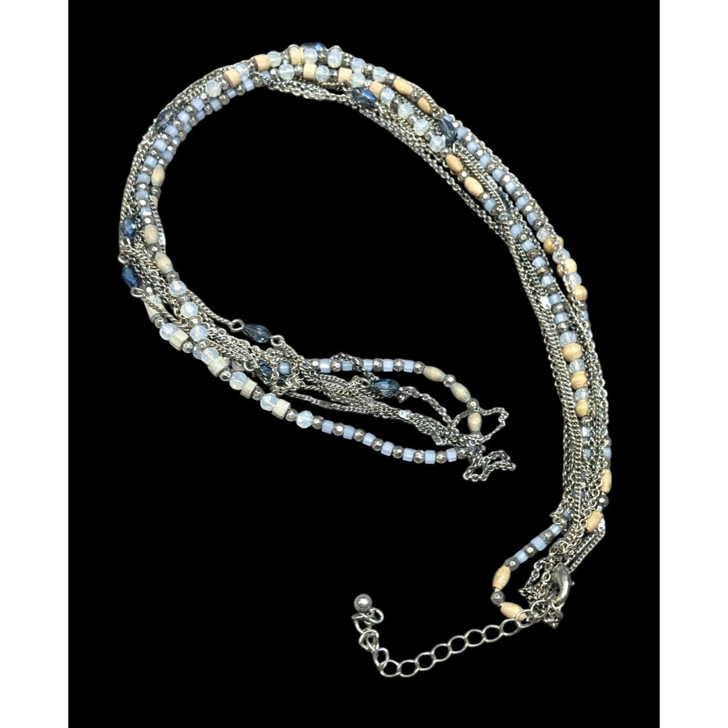Beachy Blue And Silver Tone Multilayer Chain And Beaded Necklace