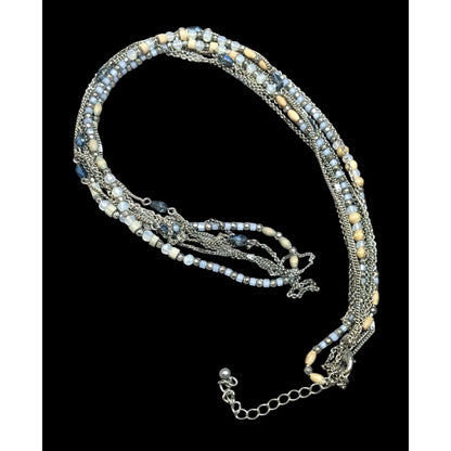 Beachy Blue And Silver Tone Multilayer Chain And Beaded Necklace