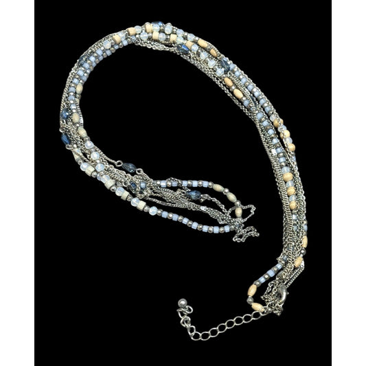 Beachy Blue And Silver Tone Multilayer Chain And Beaded Necklace
