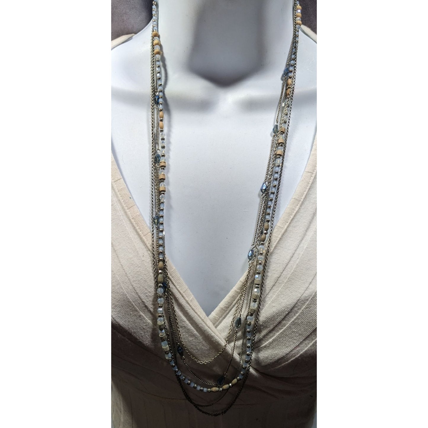 Beachy Blue And Silver Tone Multilayer Chain And Beaded Necklace
