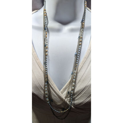 Beachy Blue And Silver Tone Multilayer Chain And Beaded Necklace