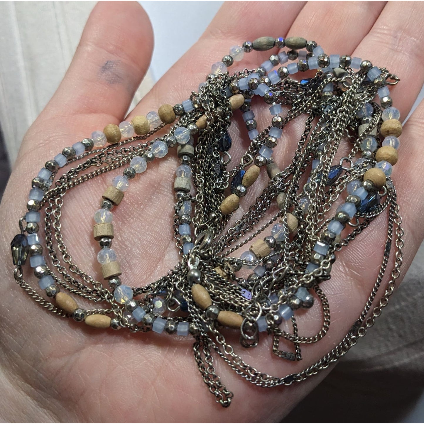 Beachy Blue And Silver Tone Multilayer Chain And Beaded Necklace