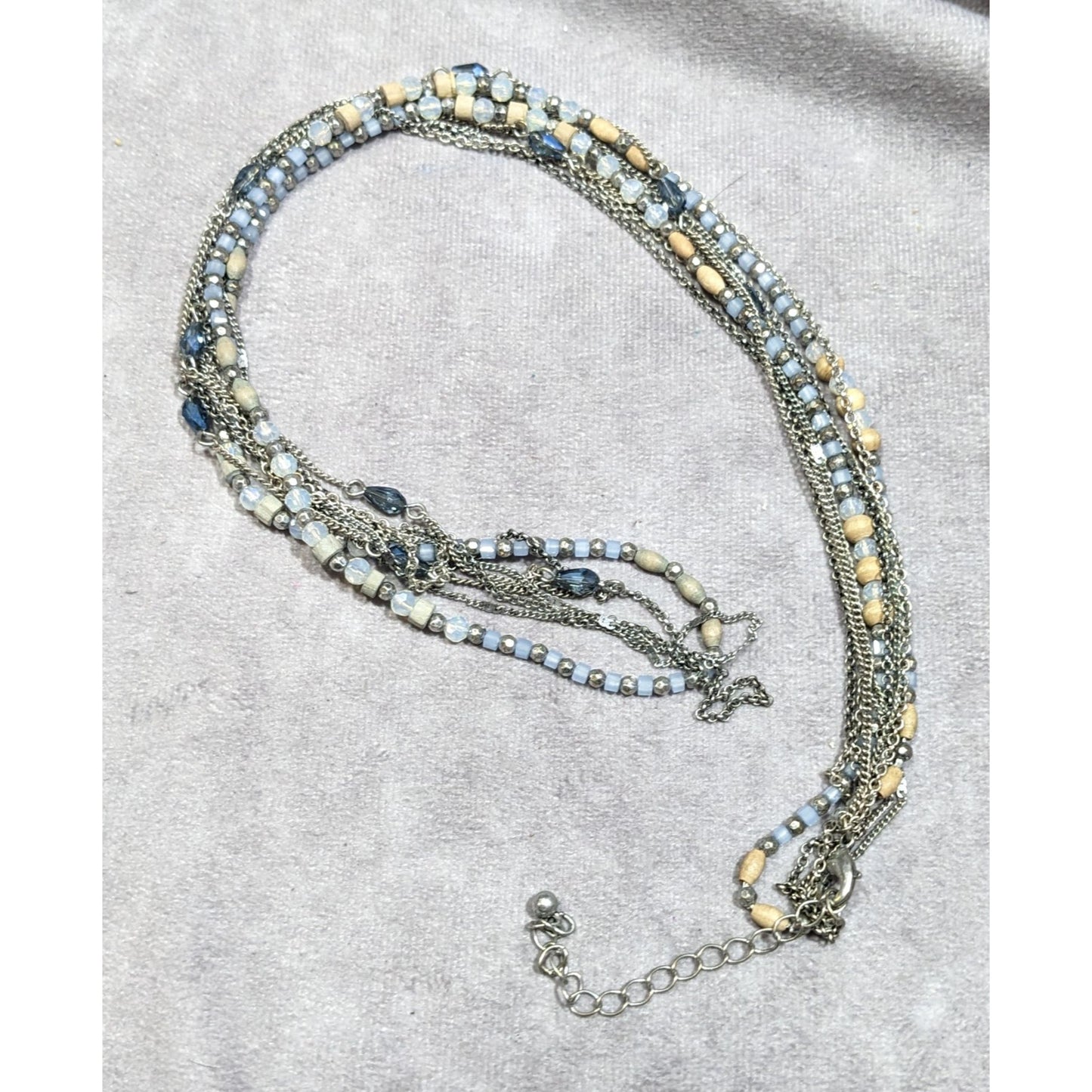 Beachy Blue And Silver Tone Multilayer Chain And Beaded Necklace