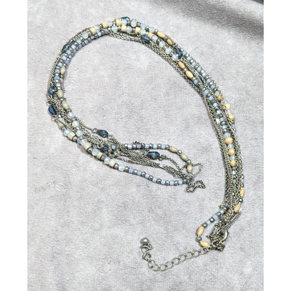 Beachy Blue And Silver Tone Multilayer Chain And Beaded Necklace