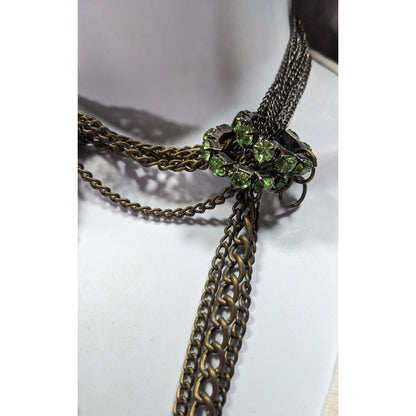 Vintage Glam Layered Gold Tone Adjustable Necklace With Green Rhinestone Rings