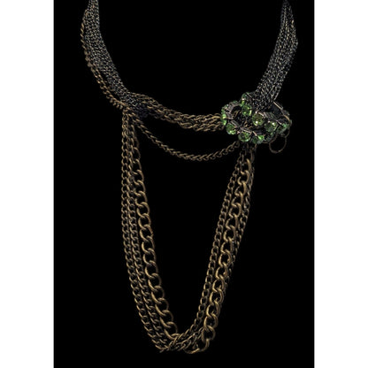 Vintage Glam Layered Gold Tone Adjustable Necklace With Green Rhinestone Rings