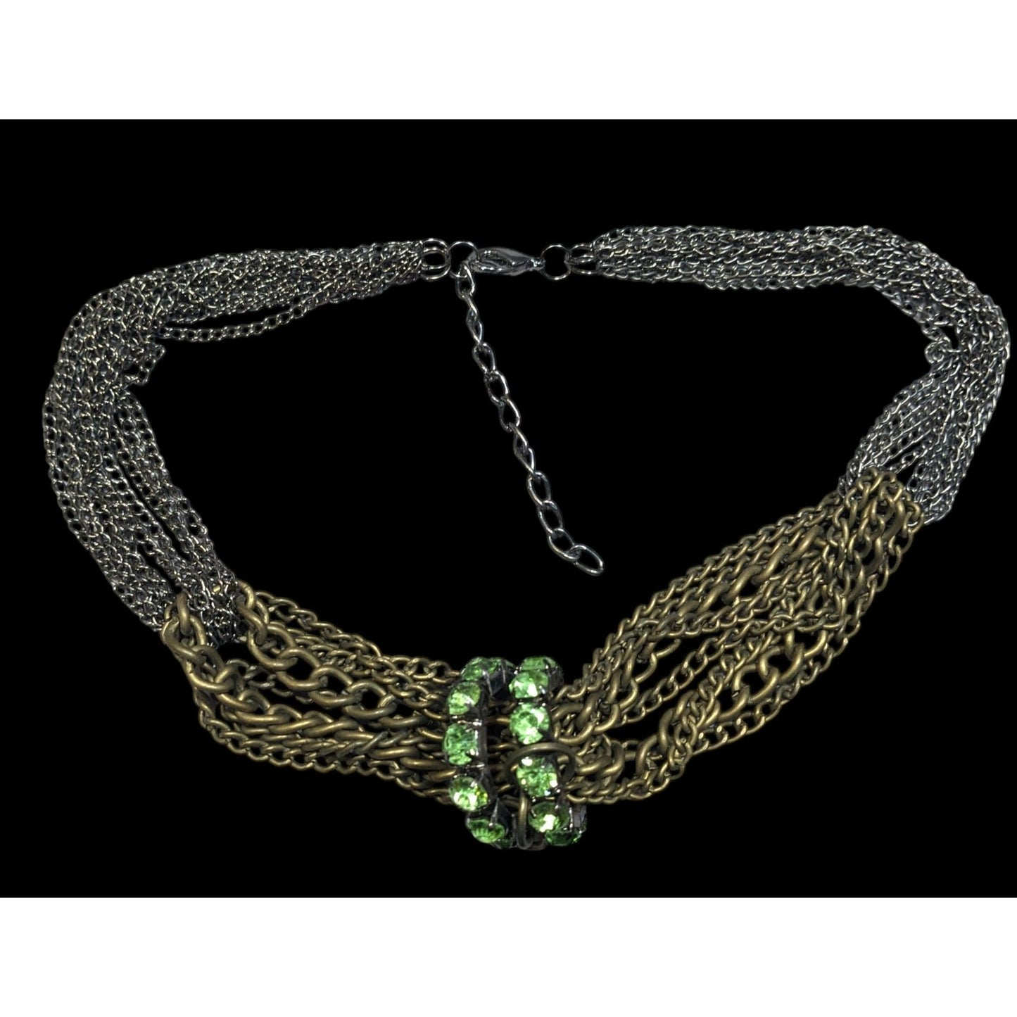 Vintage Glam Layered Gold Tone Adjustable Necklace With Green Rhinestone Rings
