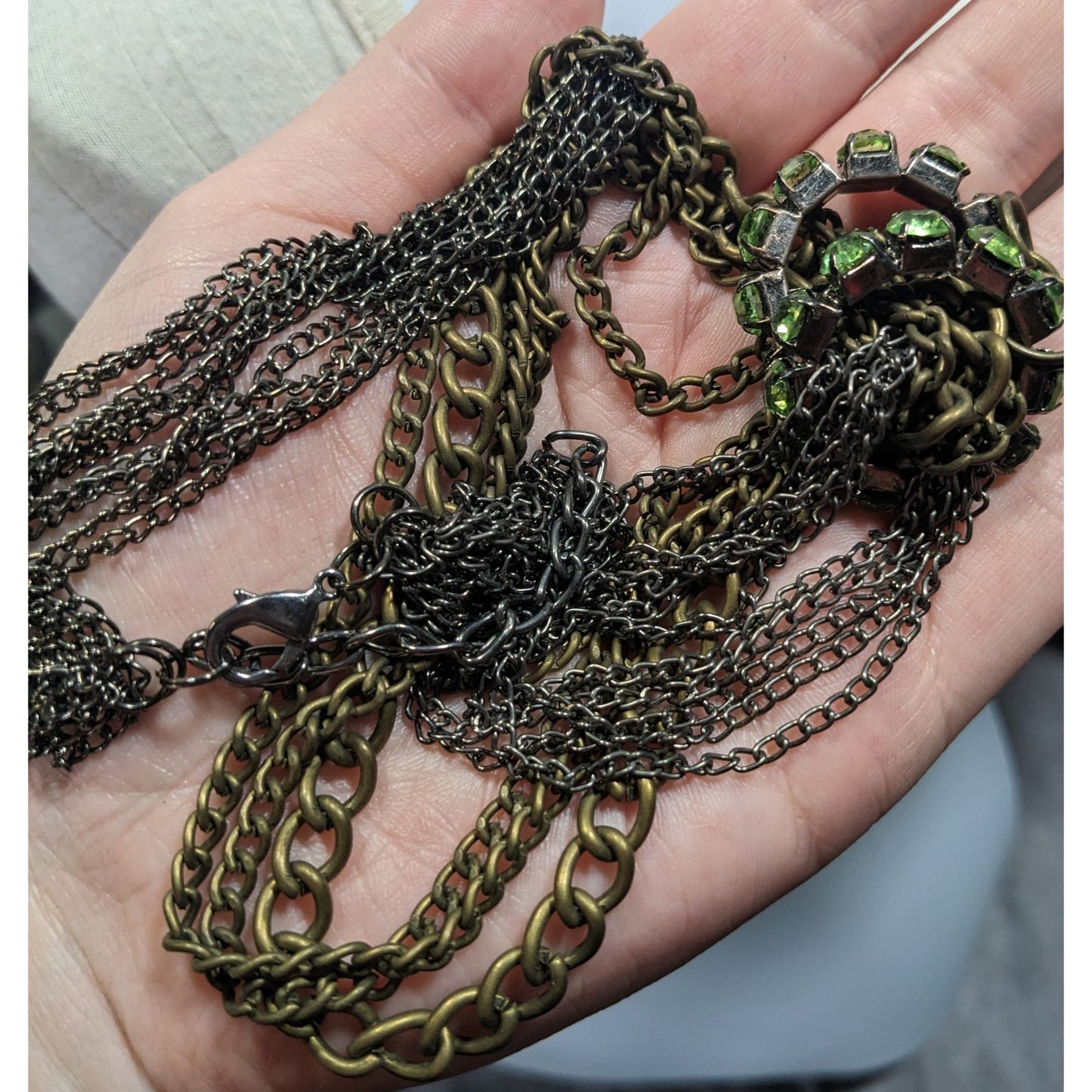 Vintage Glam Layered Gold Tone Adjustable Necklace With Green Rhinestone Rings
