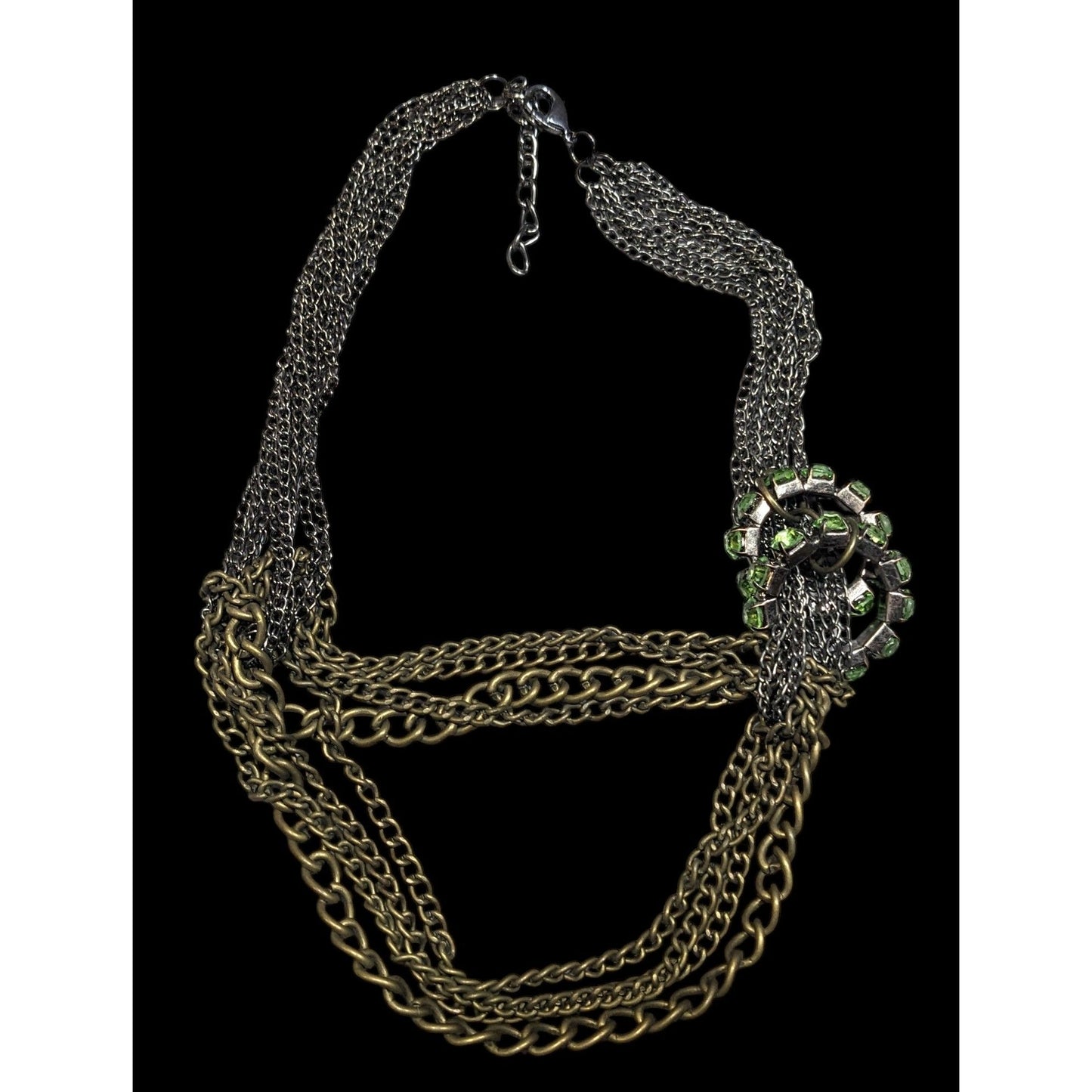 Vintage Glam Layered Gold Tone Adjustable Necklace With Green Rhinestone Rings