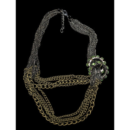 Vintage Glam Layered Gold Tone Adjustable Necklace With Green Rhinestone Rings