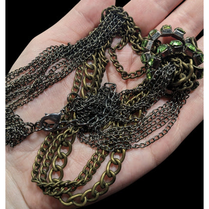 Vintage Glam Layered Gold Tone Adjustable Necklace With Green Rhinestone Rings