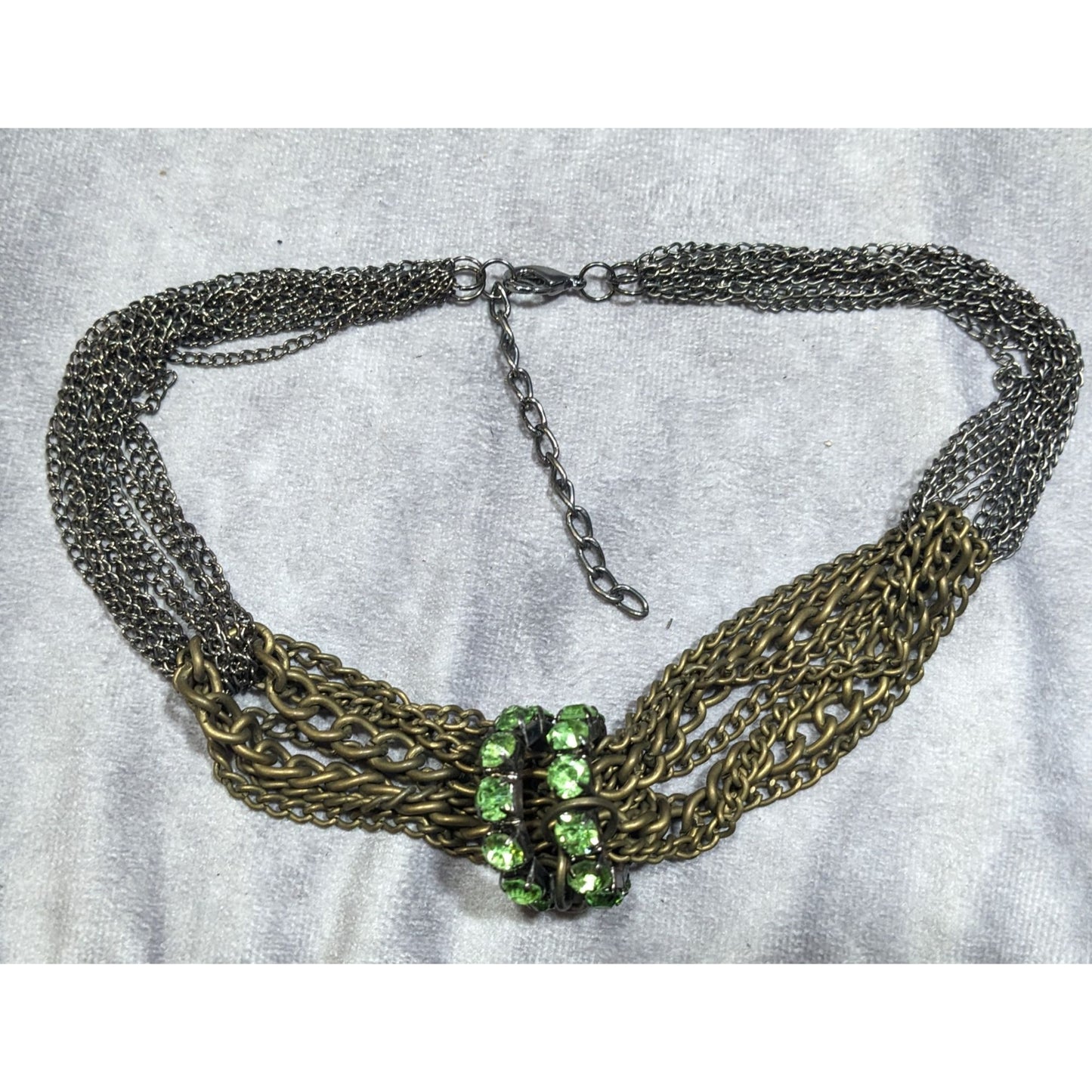 Vintage Glam Layered Gold Tone Adjustable Necklace With Green Rhinestone Rings