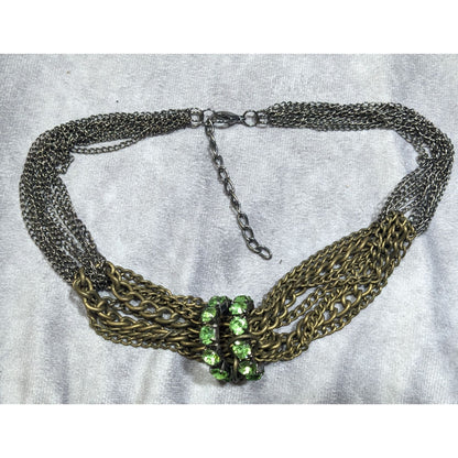 Vintage Glam Layered Gold Tone Adjustable Necklace With Green Rhinestone Rings