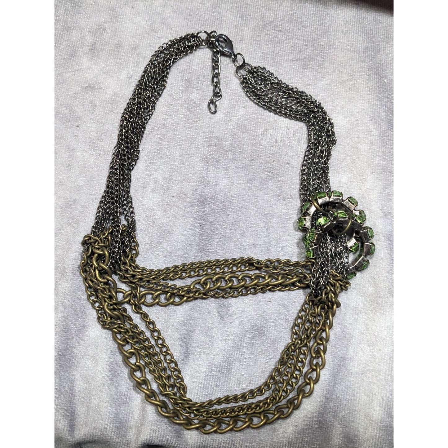 Vintage Glam Layered Gold Tone Adjustable Necklace With Green Rhinestone Rings