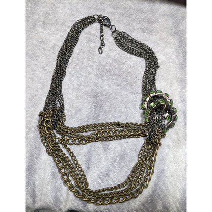 Vintage Glam Layered Gold Tone Adjustable Necklace With Green Rhinestone Rings