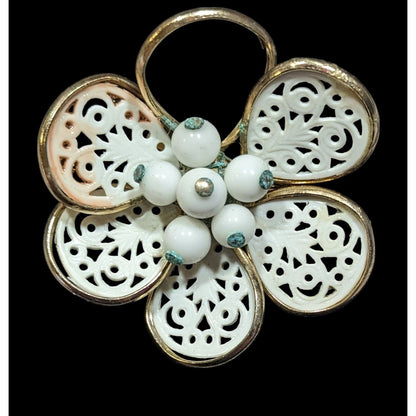 Vintage Floral Filigree White And Gold Tone Brooch
