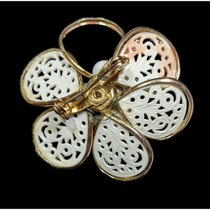 Vintage Floral Filigree White And Gold Tone Brooch