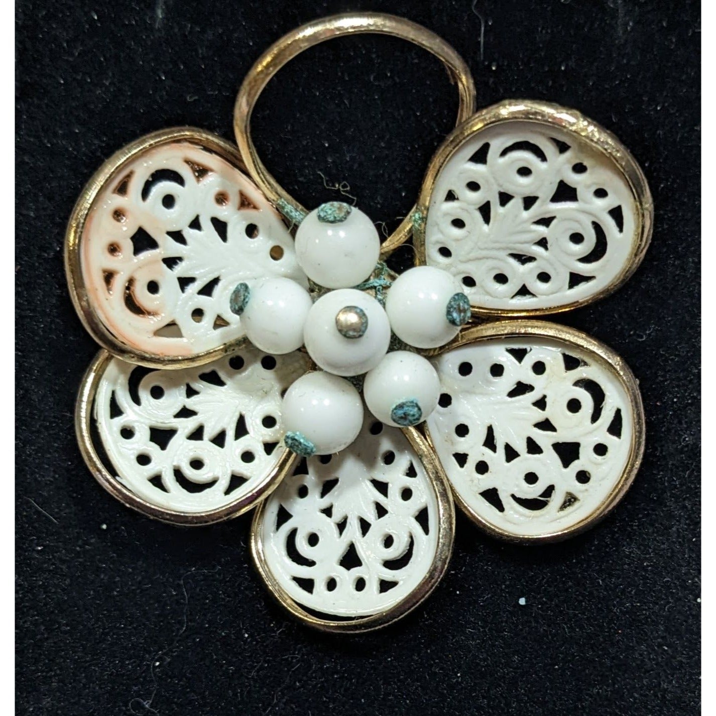 Vintage Floral Filigree White And Gold Tone Brooch