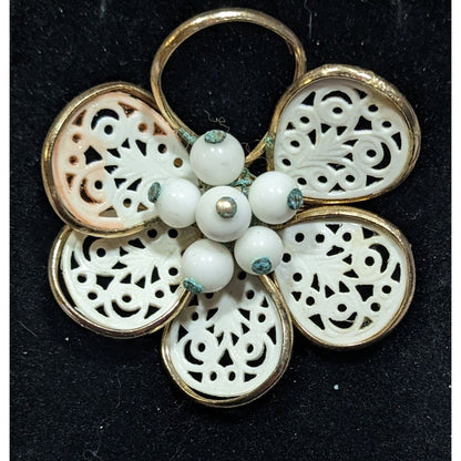 Vintage Floral Filigree White And Gold Tone Brooch