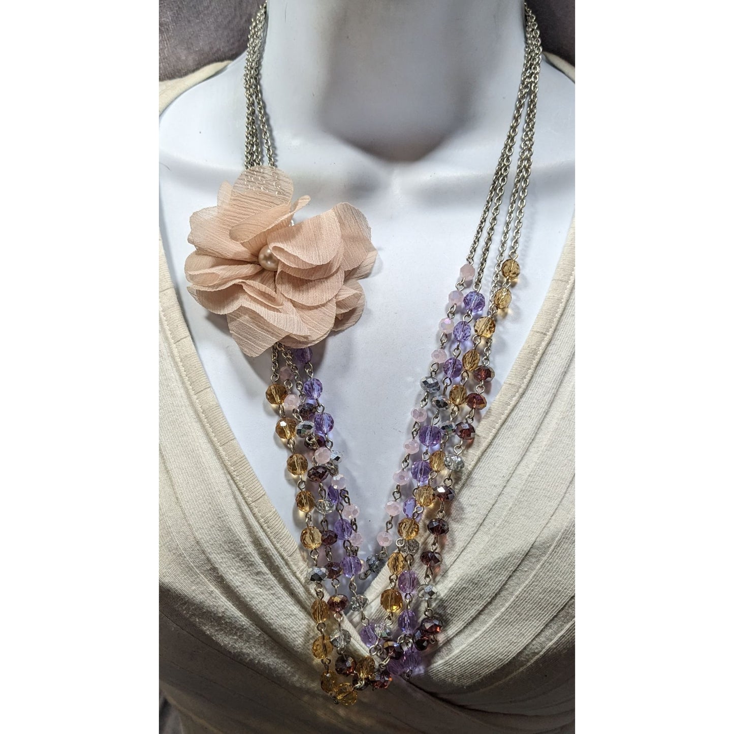 Vintage Floral Statement Necklace With Faceted Glass Beaded