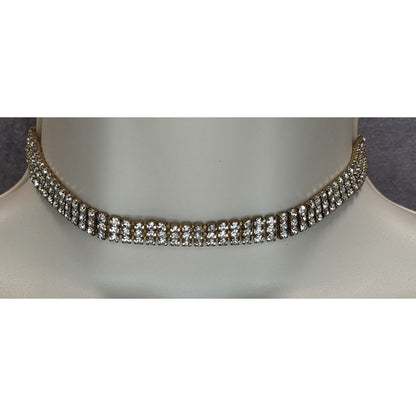 Vintage 3 Layer Rhinestone Choker Necklace Silver Gold Tone Glam Statement Jewel