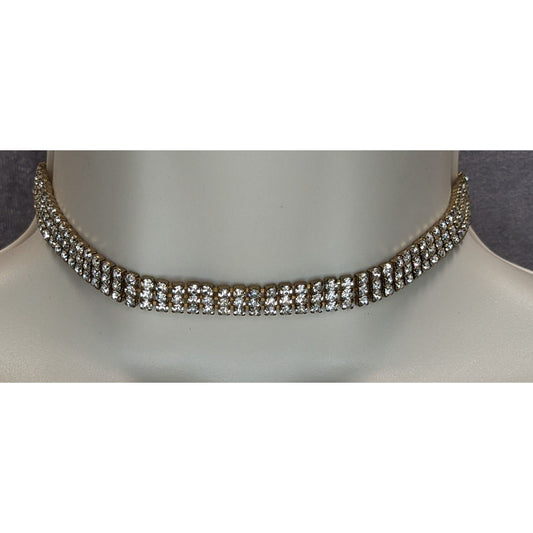 Vintage 3 Layer Rhinestone Choker Necklace Silver Gold Tone Glam Statement Jewel