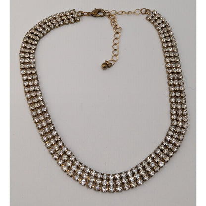 Vintage 3 Layer Rhinestone Choker Necklace Silver Gold Tone Glam Statement Jewel