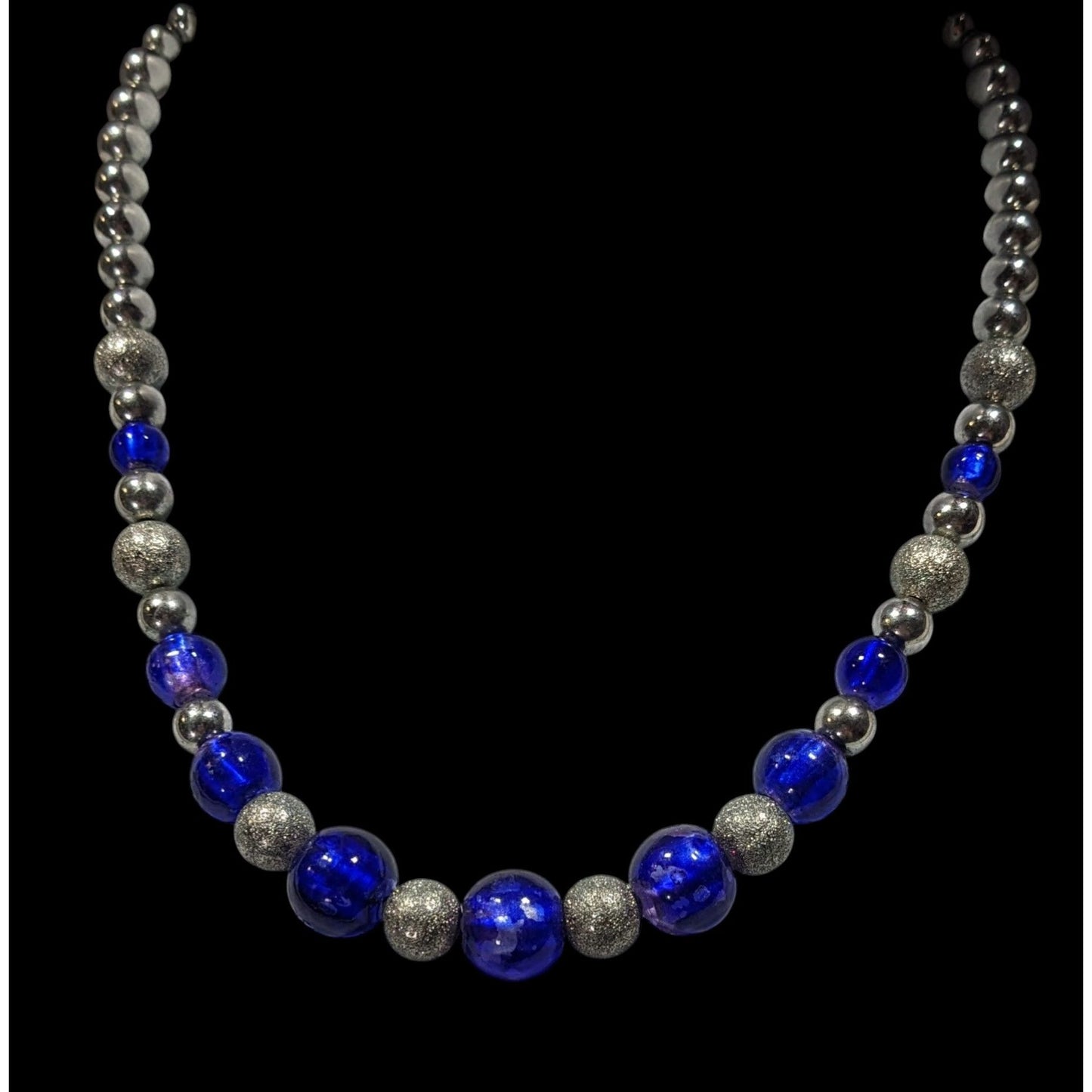 Casual Blue And Silver Tone Metal And Glass Beaded Necklace