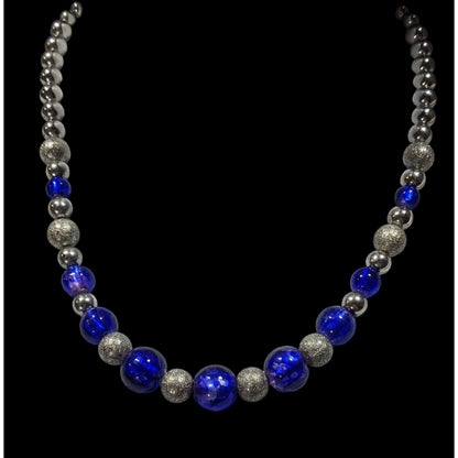 Casual Blue And Silver Tone Metal And Glass Beaded Necklace