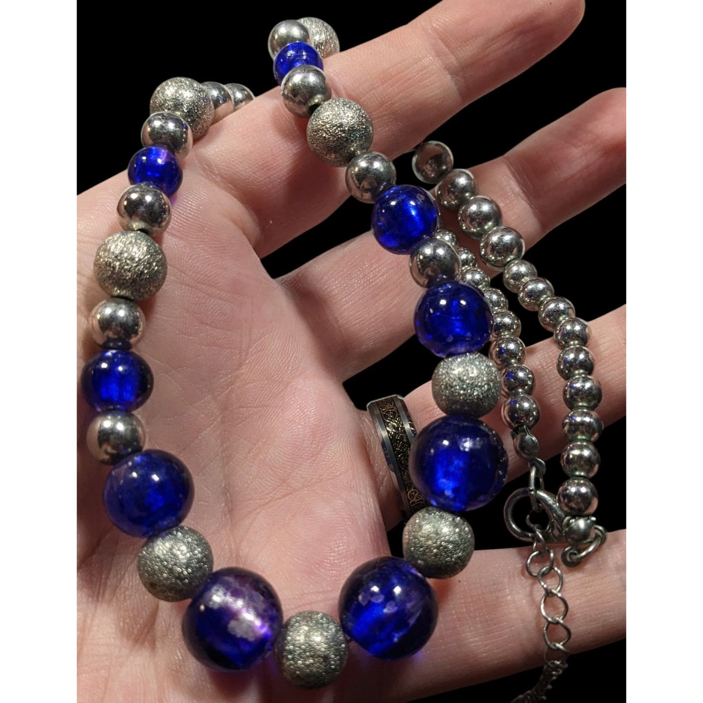 Casual Blue And Silver Tone Metal And Glass Beaded Necklace