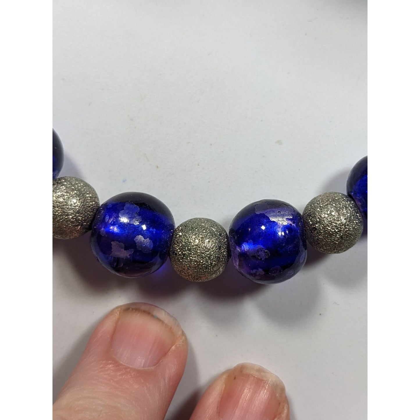 Casual Blue And Silver Tone Metal And Glass Beaded Necklace