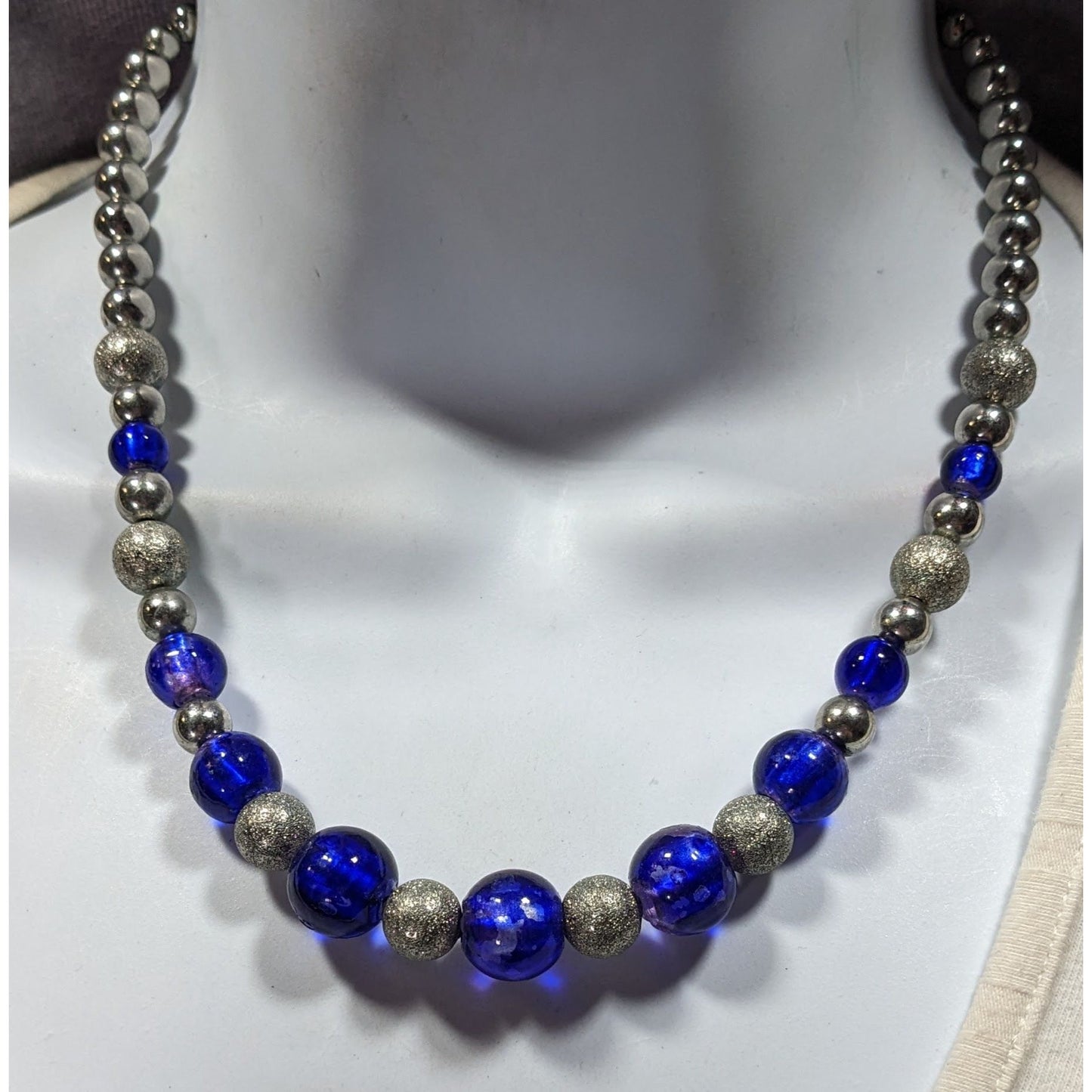 Casual Blue And Silver Tone Metal And Glass Beaded Necklace