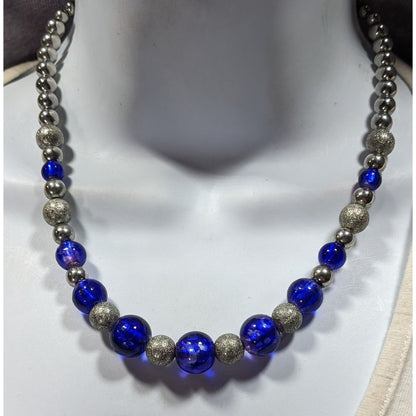 Casual Blue And Silver Tone Metal And Glass Beaded Necklace