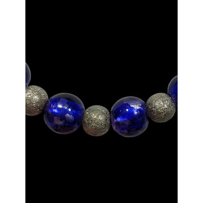 Casual Blue And Silver Tone Metal And Glass Beaded Necklace