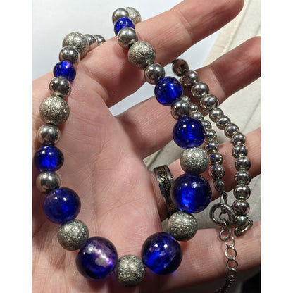 Casual Blue And Silver Tone Metal And Glass Beaded Necklace