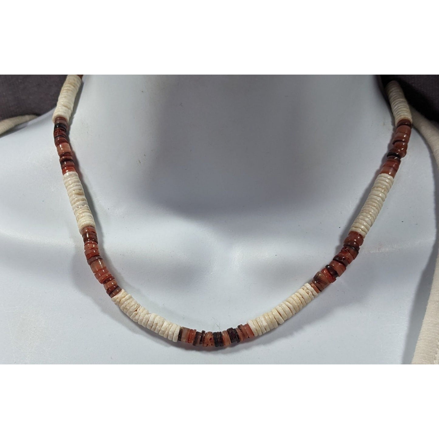 Retro Beachy White And Red/Brown Stretchy Heishi Necklace