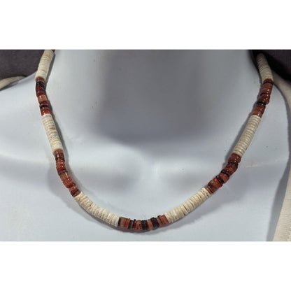 Retro Beachy White And Red/Brown Stretchy Heishi Necklace