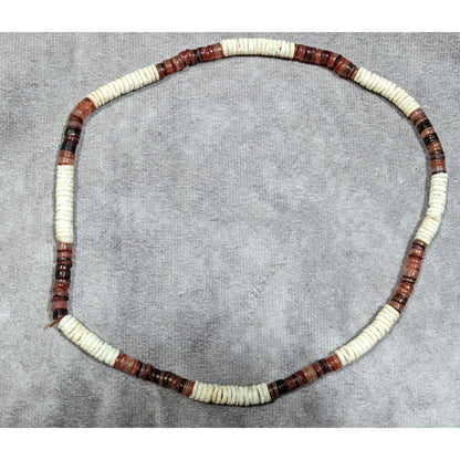 Retro Beachy White And Red/Brown Stretchy Heishi Necklace